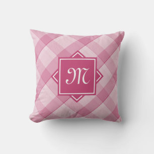 Chic Pink Plaid With Modern Diagonal Monogram Cushion