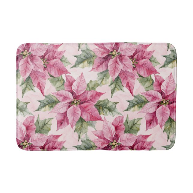 Chic Pink Poinsettia Flowers Christmas Bath Mat (Front)
