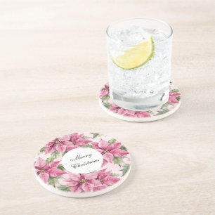 Chic Pink Poinsettia Flowers Christmas Coaster