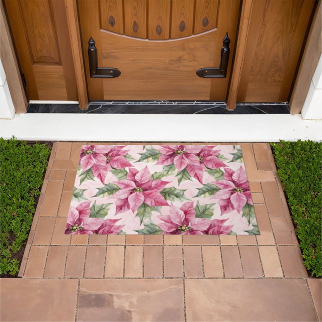 Chic Pink Poinsettia Flowers Christmas Doormat (Outdoor)