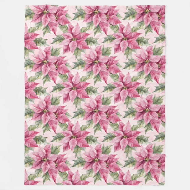 Chic Pink Poinsettia Flowers Christmas Fleece Blanket (Front)