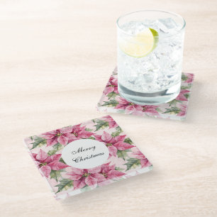 Chic Pink Poinsettia Flowers Christmas Glass Coaster