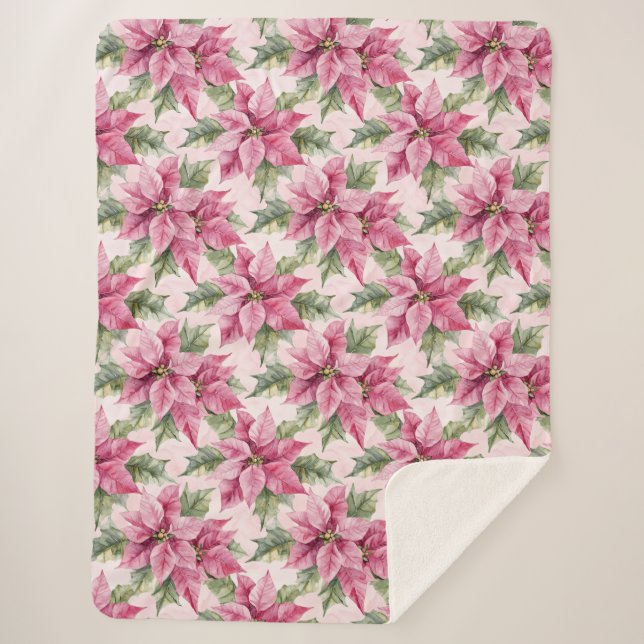 Chic Pink Poinsettia Flowers Christmas Sherpa Blanket (Front)