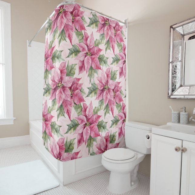 Chic Pink Poinsettia Flowers Christmas Shower Curtain (In Situ)