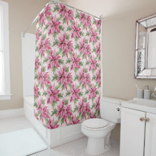 Chic Pink Poinsettia Flowers Christmas Shower Curtain