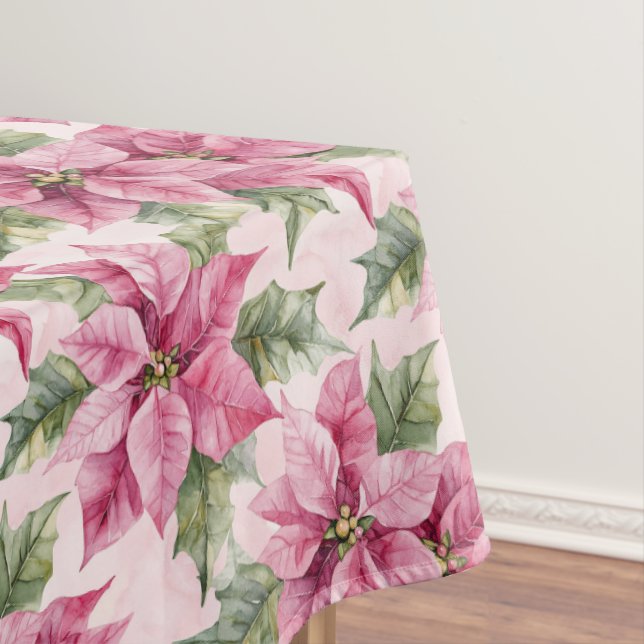 Chic Pink Poinsettia Flowers Christmas Tablecloth (In Situ)