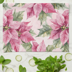 Chic Pink Poinsettia Flowers Christmas Tea Towel
