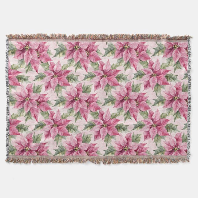 Chic Pink Poinsettia Flowers Christmas Throw Blanket (Front)
