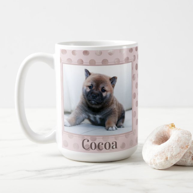 Chic Pink Polka Dot Pet Photo Coffee Mug (With Donut)