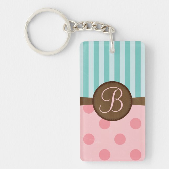 Chic pink polka dots teal stripes monogram key ring (Front)