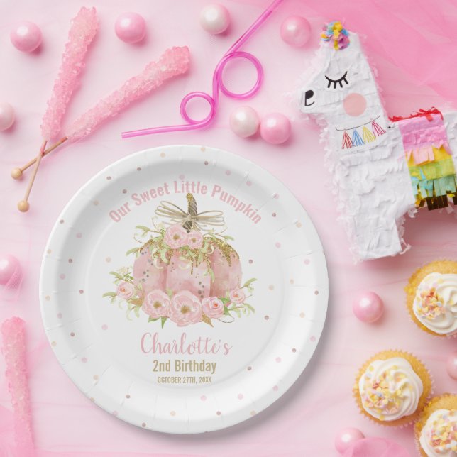 Chic Pink Pumpkin 1st Birthday Floral Girl Paper Plate (Party)