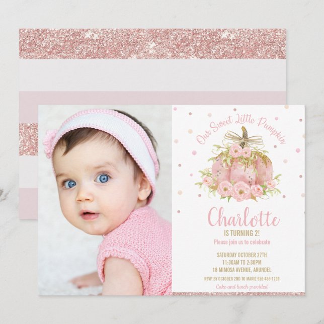 Chic Pink Pumpkin 1st Birthday Girl Photo Invitation (Front/Back)