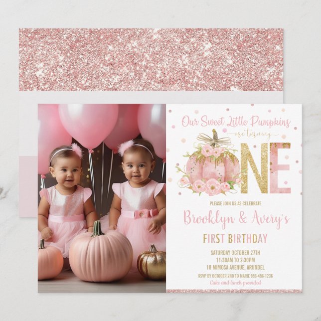Chic Pink Pumpkin 1st Birthday Twin Girls Photo Invitation (Front/Back)