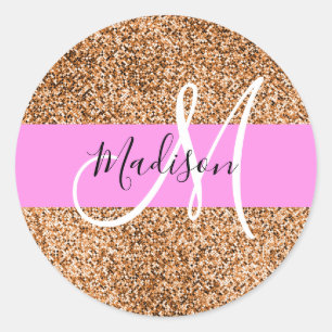 Chic Pink & Pumpkin Glitter Sparkles Monogram Name Classic Round Sticker
