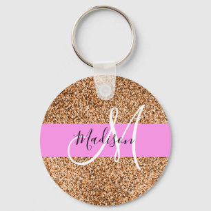 Chic Pink & Pumpkin Glitter Sparkles Monogram Name Key Ring