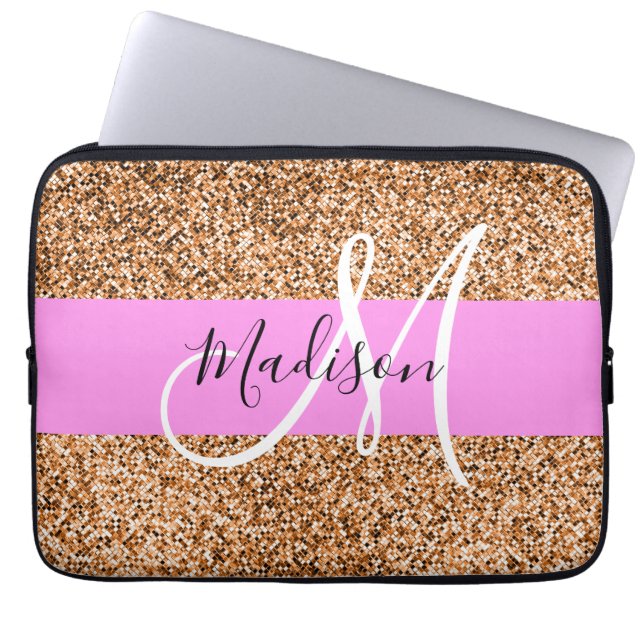Chic Pink & Pumpkin Glitter Sparkles Monogram Name Laptop Sleeve (Front)