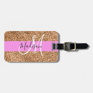 Chic Pink & Pumpkin Glitter Sparkles Monogram Name Luggage Tag