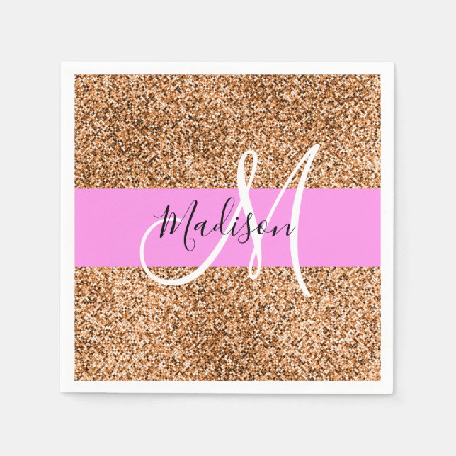 Chic Pink & Pumpkin Glitter Sparkles Monogram Name Napkin (Front)