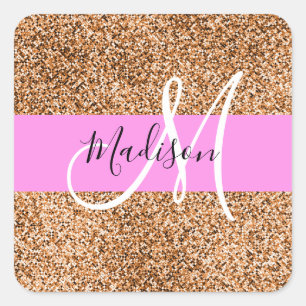 Chic Pink & Pumpkin Glitter Sparkles Monogram Name Square Sticker