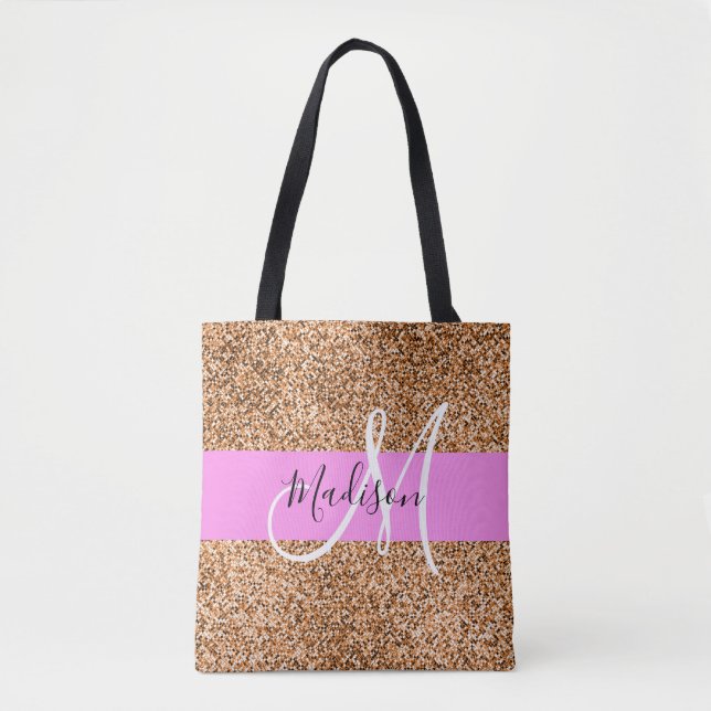 Chic Pink & Pumpkin Glitter Sparkles Monogram Name Tote Bag (Front)