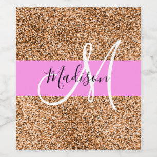 Chic Pink & Pumpkin Glitter Sparkles Monogram Name Wine Label