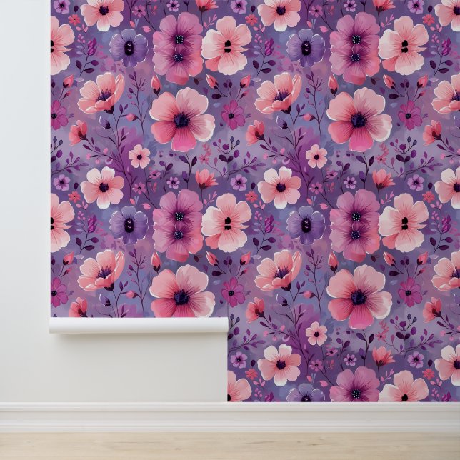 Chic Pink Purple Botanical Peel and Stick Accent  Wallpaper (Application)