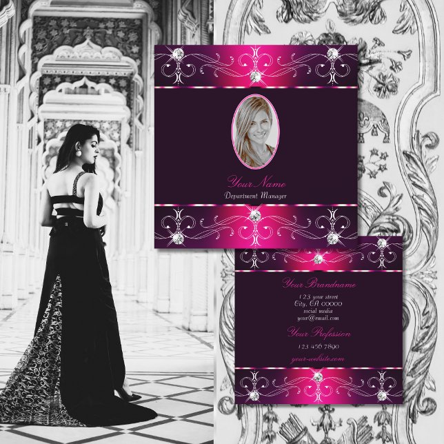Chic Pink Purple Burgund Ornate Ornaments Add Foto Square Business Card (Creator Uploaded)