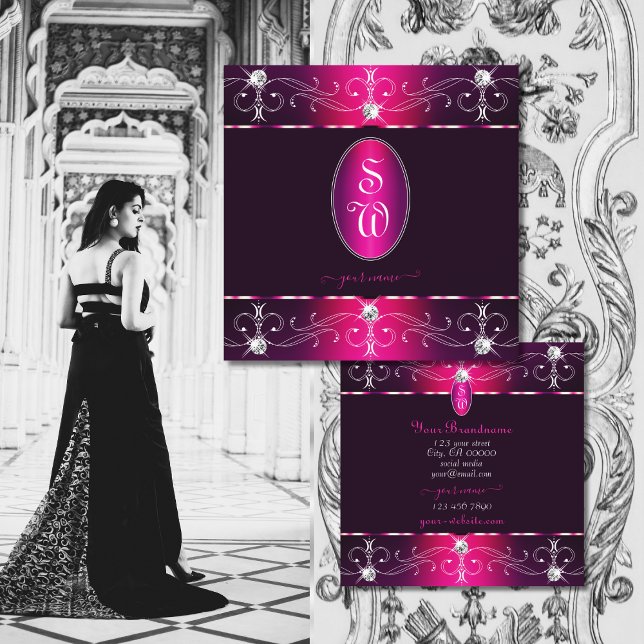 Chic Pink Purple Burgund Ornate Ornaments Initials Square Business Card (Creator Uploaded)