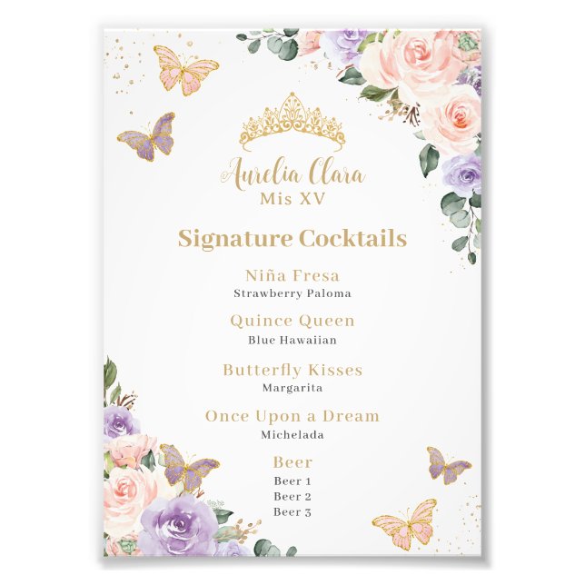 Chic Pink Purple Floral Quinceanera Bar Drink Menu Photo Print (Front)
