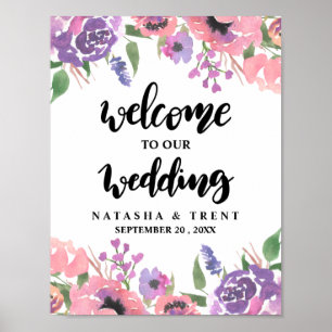 Chic Pink Purple Floral Welcome Wedding Sign
