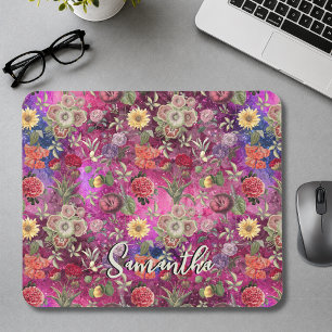 Chic pink purple flowers monogram floral pattern mouse mat