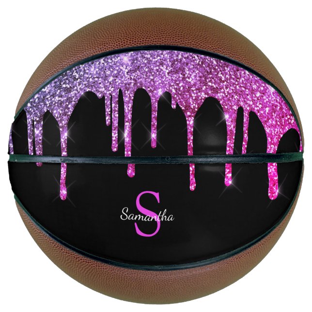 Chic Pink Purple Glitter Sparkle Drips Monogram Basketball (Front)