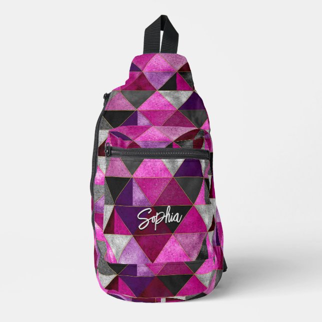 Chic pink purple grey geometric sling bag (Front)