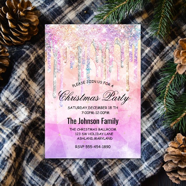 Chic pink purple unicorn drips glitter Christmas Invitation (Creator Uploaded)