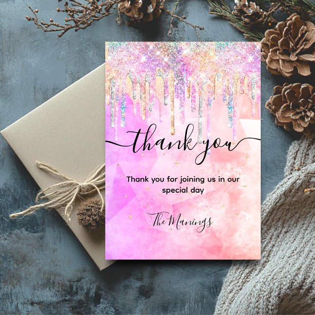Chic pink purple unicorn drips glitter thank you  card (Creator Uploaded)