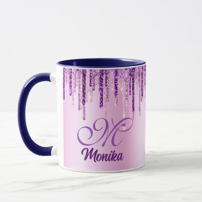 Chic Pink Purple Unicorn Glitter Drips Monogram Mug (Left)