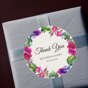 Chic pink purple watercolor wedding thank you classic round sticker