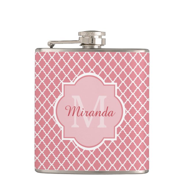 Chic Pink Quatrefoil Monogram With Name Hip Flask (Front)