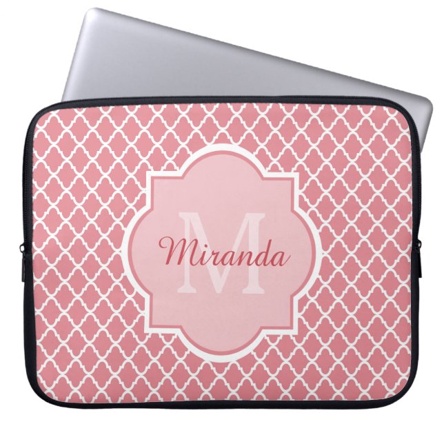 Chic Pink Quatrefoil Monogram With Name Laptop Sleeve (Front)