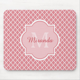 Chic Pink Quatrefoil Monogram With Name Mouse Mat