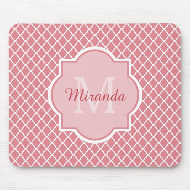 Chic Pink Quatrefoil Monogram With Name Mouse Mat (Front)