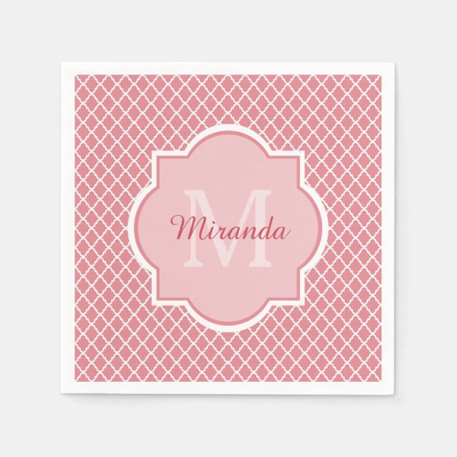 Chic Pink Quatrefoil Monogram With Name Napkin (Front)