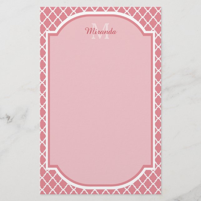 Chic Pink Quatrefoil Monogram With Name Stationery (Front)