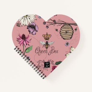 Chic Pink Queen Bee & Royal Crown Floral Notebook