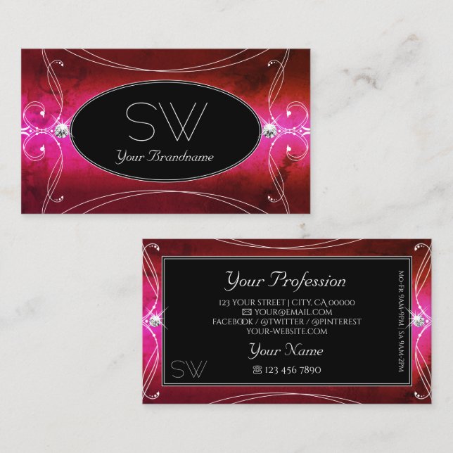 Chic Pink Red Black Ornate Sparkle Jewels Initials Business Card (Front/Back)