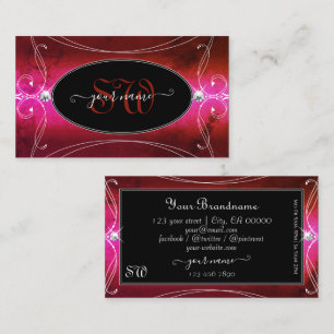 Chic Pink Red Black Ornate Sparkle Jewels Monogram Business Card