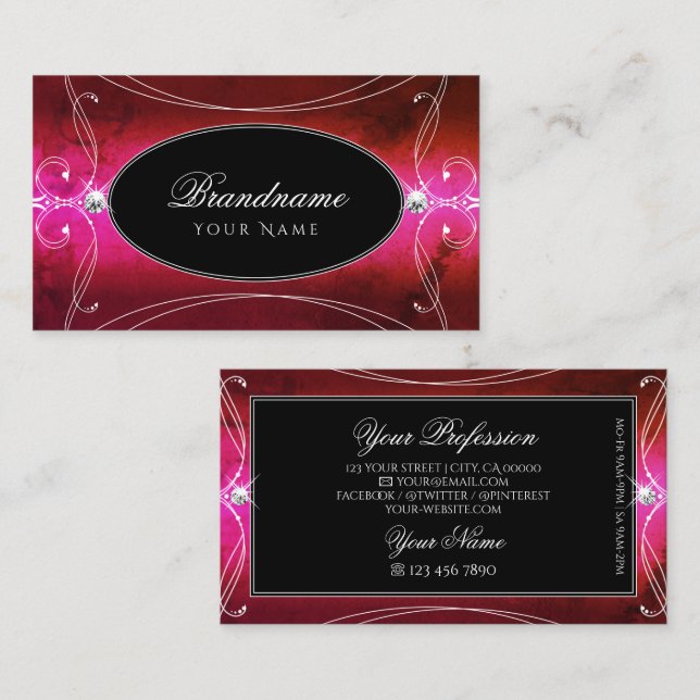 Chic Pink Red Black Ornate Sparkle Jewels Ornament Business Card (Front/Back)