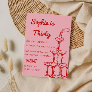 Chic Pink & Red Champagne Tower 30th Birthday Invitation