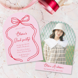 Chic Pink Red Hand Drawn Bow Photo Arch Graduation Invitation