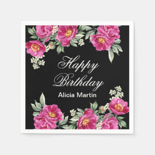Chic Pink Red Violet Peony Floral Black Birthday Napkin